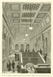 De trap van de Internationale Elektriciteitstentoonstelling in 1881, verlicht door Edison- en Swan-lampen